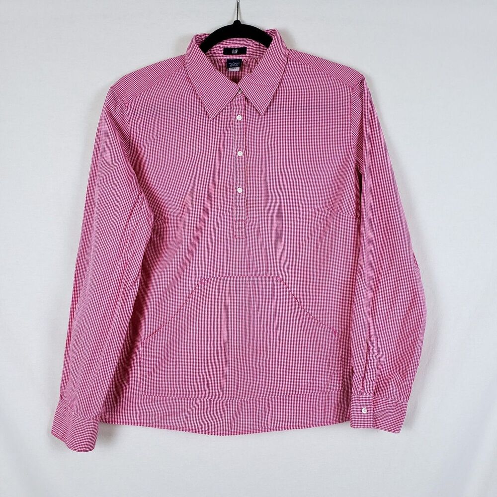 Vintage Gap Preppy Coastal Micro Gingham Popover Shirt Womens L Kangaroo Pocket